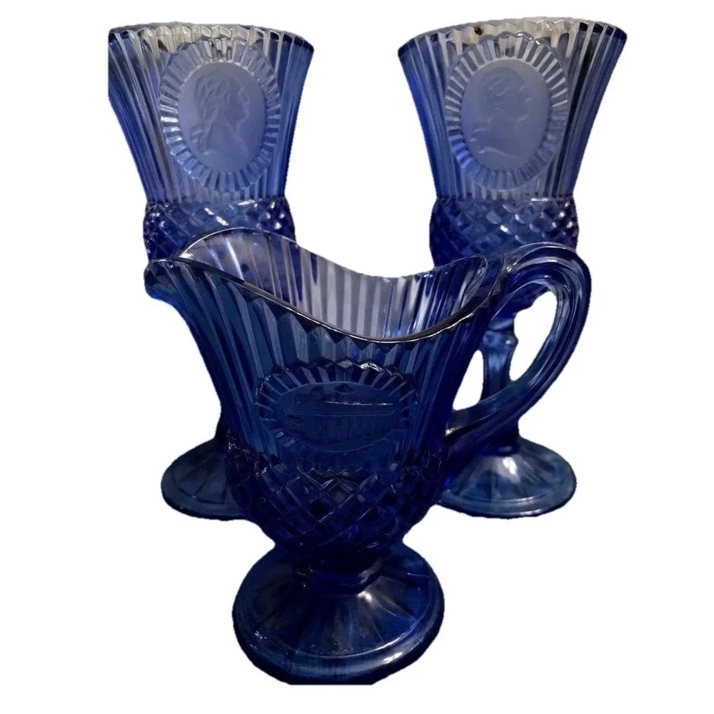 George & George (2) Goblets with A Mt. Vernon Gravy pitcher - Cobalt Blue Glass